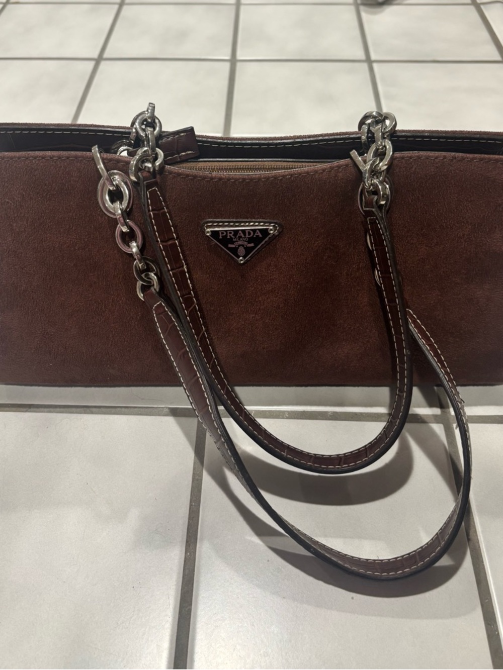 Prada Milano Faux Dark Brown Suede Shoulder Bag with Silver Chain Straps